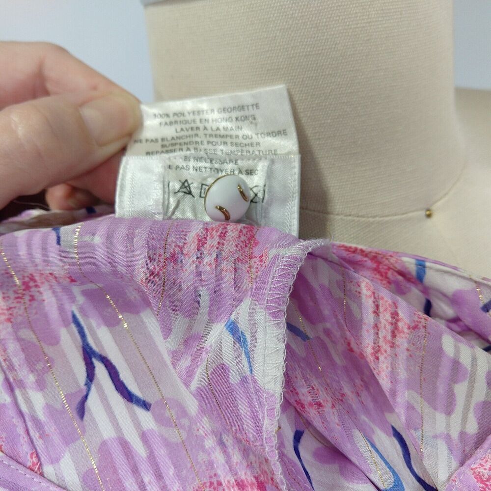 Vintage 80s Floral Blouse Size M Purple Georgette Bow Glam Long Sleeve Metallic - Picture 8 of 9